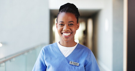 Happy, black woman and portrait of nurse in hospital for support, medical service or about us....