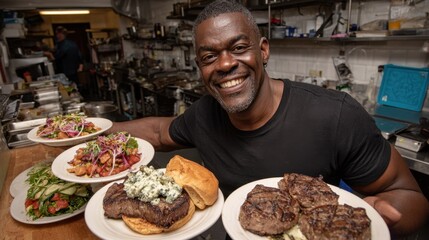 African male chef with grilled steaks and fresh salads in restaurant kitchen Be Kind To Food Servers Month