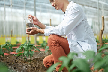 Cropped shot agronomist man checking soil quality in greenhouse