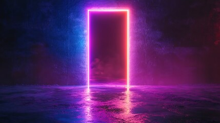 Neon glow rectangular frame. futuristic background. empty room with smoke and reflections