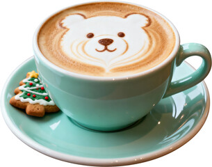 귀여운곰라떼아트와크리스마스쿠키_민트색컵_카페음료