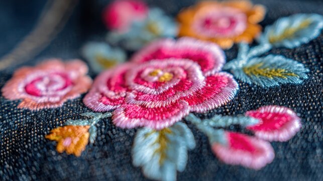 Close-up of vibrant floral embroidery on denim fabric - Powered by Adobe
