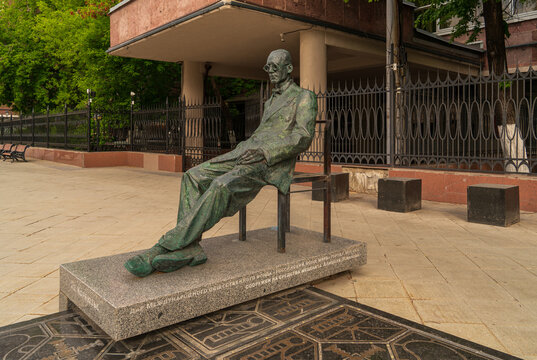 Moscow, Russia - May 17, 2025: Monument to Le Corbusier on Myasnitskaya Street near the Centrosoyuz House.