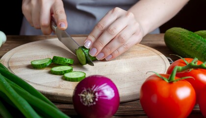 Close-up view of hands diligently slicing fresh green cucumber on a wooden cutting board, surrounded by colorful raw vegetables for healthy meal preparation