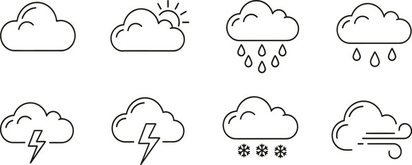 Weather icons set in outline style . Rainy, storm, snow, cloudy, sunny, windy, day, night, summer, winter, line, label and more 