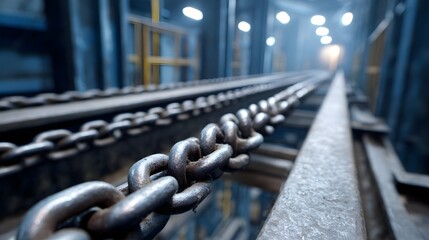 Naklejka premium Heavy metal chains on industrial rails receding into a dimly lit facility