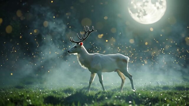 A rare white deer walks silently under a bright full moon, its antlers reflecting silver light. Soft fog curls around its legs as fireflies sparkle in the background