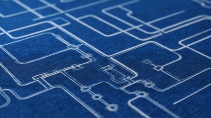 Abstract blueprint design with intricate lines and shapes representing technology and engineering concepts on a dark blue background
