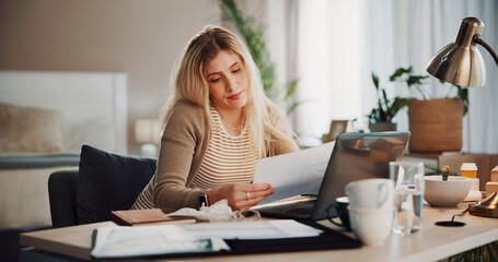 Woman, laptop and bored with paperwork in home for project deadline, burnout or issue. Tired,...