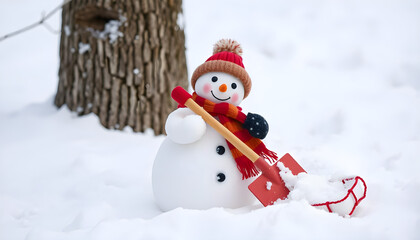 Snowman clearing snow with shovel. Winter vibes snowman decoration with shovel and sled. Cute snowman prepared for snow removal. Winter design with snowman in snow.
