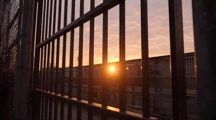 Warm sunset light shines through a dark metal fence illuminating an industrial building structure