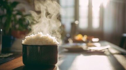 pot of steaming rice on bright table, soft glow, clean minimal culinary atmosphere