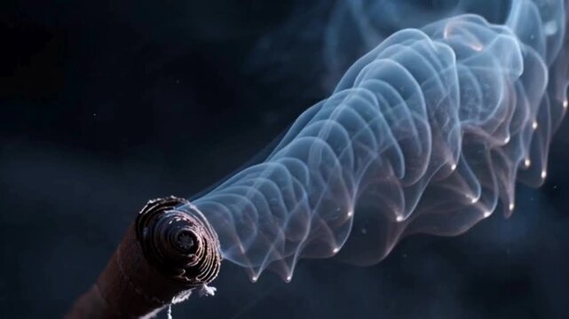 Detailed view of a delicate smoke stream rising in a mesmerizing spiral pattern from a smoldering object.
