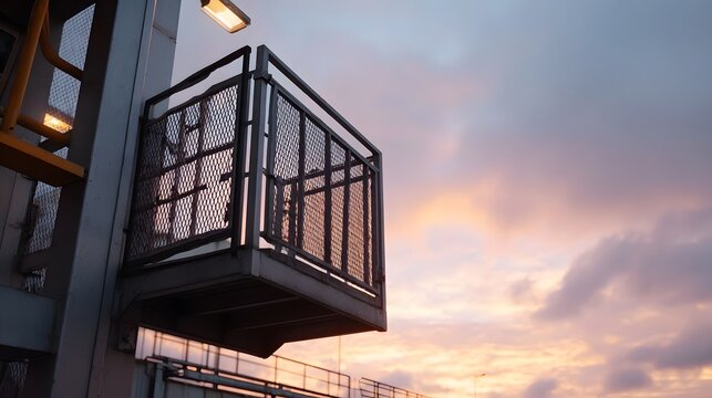 Industrial metal platform with safety railing against a dramatic colorful sunset sky during twilight illuminated by ambient lighting - Powered by Adobe
