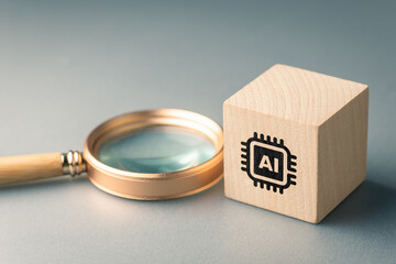 Magnifying glass examining a wooden block with AI chip icon representing AI detection content checking authenticity verification and automated identification
