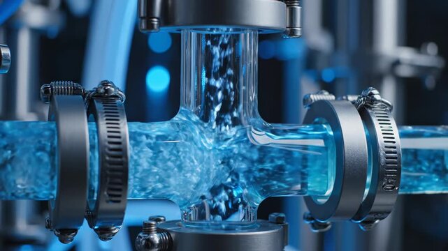 Industrial water flow system with transparent pipes and blue liquid moving through