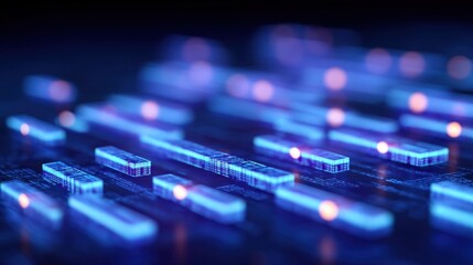 Abstract technology background with glowing data strings illuminated by blue light, representing digital communication and advanced computing concepts