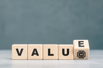 Wooden blocks spelling VALUE with an AI chip block highlighting how AI increases value creation efficiency and strategic impact