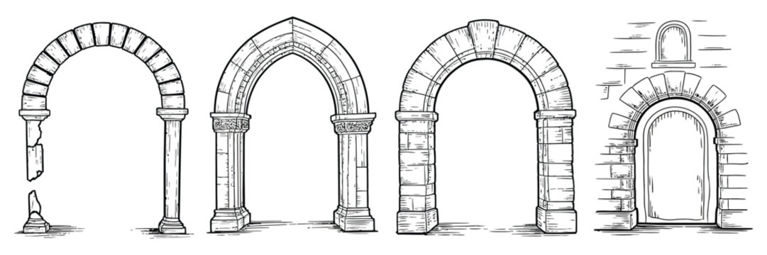 Stone Arch Frame Illustration Featuring Fantasy Portal Doorway And Medieval Ruin Architecture In Detailed Engraved Ink Style