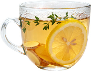 투명한유리컵에담긴따뜻한레몬생강차