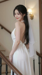 Fototapeta premium Beautiful Bride in White Dress with Veil on Staircase