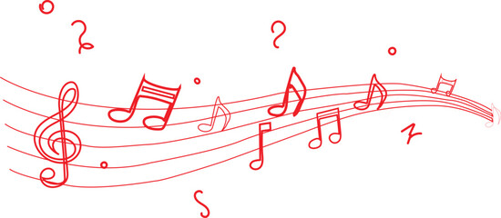 hand drawn  abstract graphic featuring red musical notes and symbols flowing across a musical staff vector illustration, 