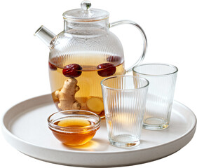 흰색쟁반위의생강대추차세트와꿀그릇