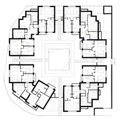 Architectural Floor Plan of a Multi-Unit Residential Building with Central Courtyard.