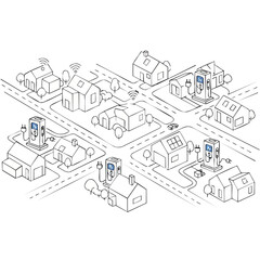 Naklejka premium Illustration of a smart city with interconnected digital devices and infrastructure.