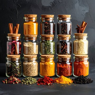 Stacked glass spice jars, various colors and types