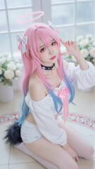 Obraz premium Adorable Anime Girl with Pink Hair and Halo Posing in Studio