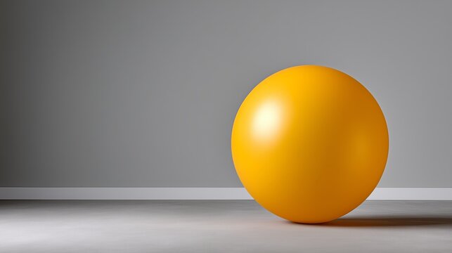 Large yellow ball rests next to a plain gray wall in a simple room