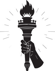 Hand holding a burning torch with radiating light in a graphic illustration style