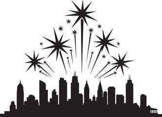 City skyline silhouette with fireworks celebration above