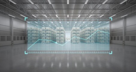 3d rendering of warehouse interior with storage racks and organized inventory, overlaid with rising growth chart, symbolizes business expansion, increased production and logistics performance. - Powered by Adobe