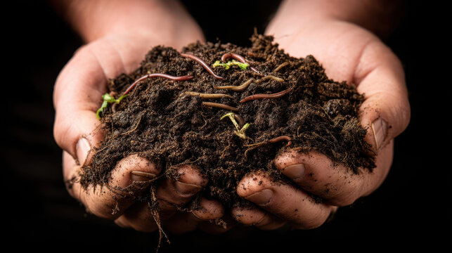 Hands holding fertile soil with earthworms and organic compost, concept of sustainable gardening and natural soil fertility