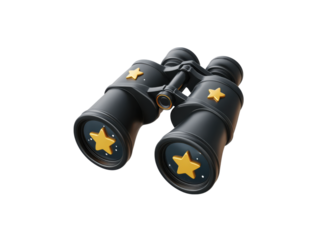 Black binoculars with golden stars on lenses and body image, Isolated, Png Transparent Background