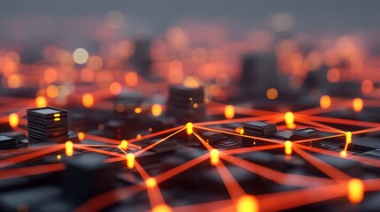 Abstract representation of a digital network with glowing orange connections, circuitry, and data nodes to illustrate modern technology and innovation in communication