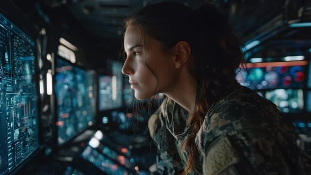 Female Military Cyber Analyst in Command Room