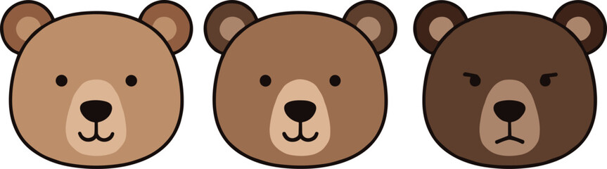 Cute Cartoon Bear Head Vector Set in Different Shades of Brown, Perfect for Kids, Animal Mascot Logos, Children's Books, and Wildlife Graphics.