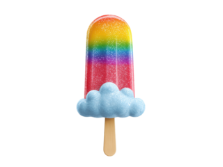 Rainbow popsicle with fluffy cloud and wooden stick blue, Isolated, Png Transparent Background
