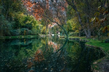Mirror Lake Reflection of Colorful Cliff and Trees at Monasterio de Piedra Natural Park
