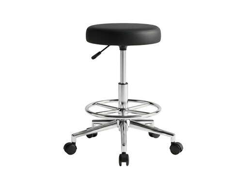 A black adjustable height stool with a footrest and wheels, isolated on a transparent background