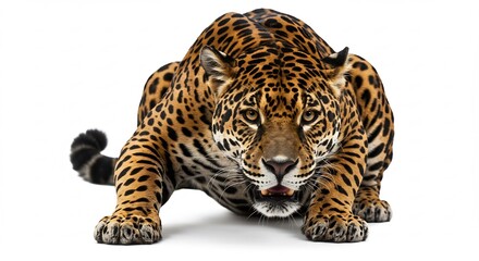 Obraz premium Powerful spotted jaguar fiercely crouches in a striking pose against a bright white background studio lighting accentuates its wild beauty. AI Generated