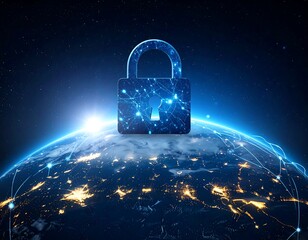 A digital padlock hovers above a glowing Earth, a futuristic representation of global cybersecurity, symbolizing safety