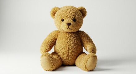 Obraz premium Minimalist studio shot of a fluffy brown teddy bear sitting calmly bathed in soft even light a classic childhood comfort. AI Generated