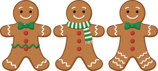 Cute Gingerbread Couple and Darker Skin Tone Man Vector Set with Bow Tie and Hair Bow, Perfect for Inclusive Christmas and Holiday Greeting Card Design.