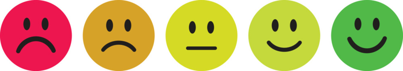 Rating Emoji Icon set. Vector cartoon smiley face collection. Emoticon pack for customer feedback, mood, and emotion. Feedback emoticons collection. Excellent, good, average, poor, bad emoji icons.