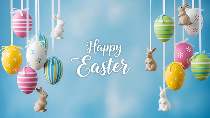 Happy easter celebration with hanging eggs and rabbits