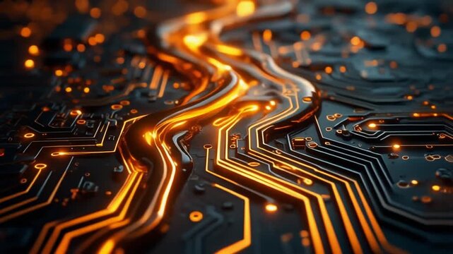 Close-up of a circuit board with glowing orange lines and pathways on a dark background with a shallow depth of field.